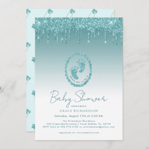 Teal Glitter Drips Baby Shower Invitation
