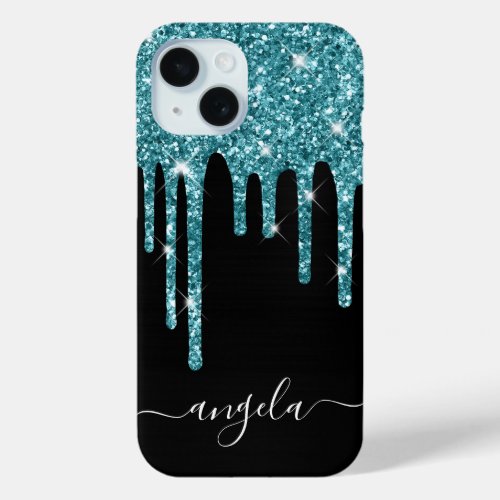 Teal Glitter Drips Black Glam Signature iPhone 15 Case