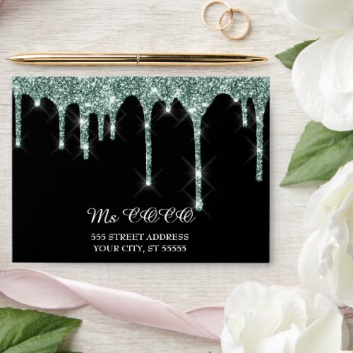 Teal Glitter Drips Wedding Black Corporate  Envelope