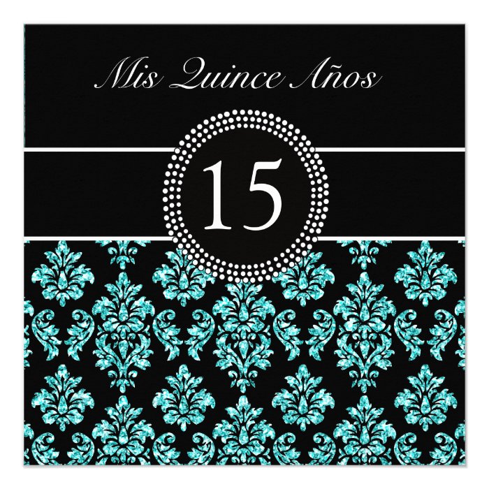 TEAL GLITTER EFFECT BLACK DAMASK QUINCEANERA INVITATION