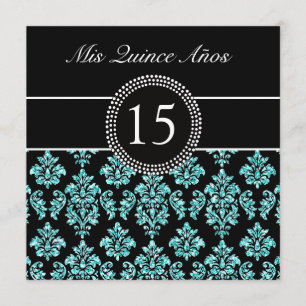 TEAL GLITTER EFFECT BLACK DAMASK QUINCEANERA INVITATION