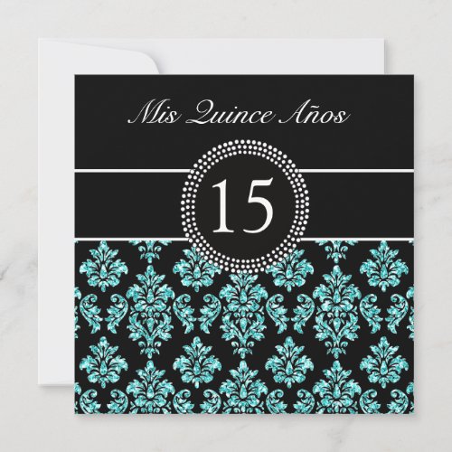 TEAL GLITTER EFFECT BLACK DAMASK QUINCEANERA INVITATION