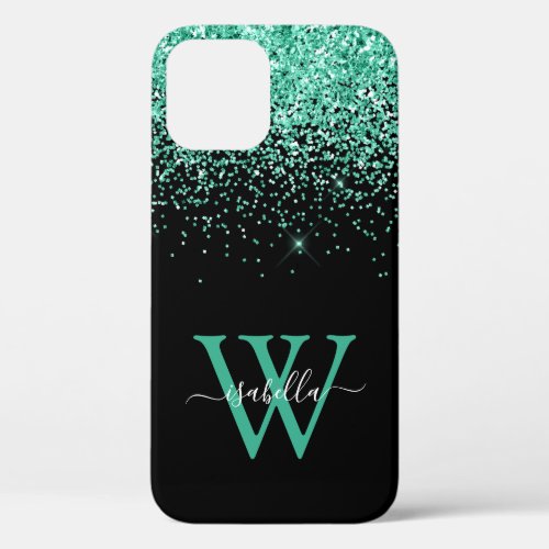 Teal Glitter Elegant Script iPhone 12 Case