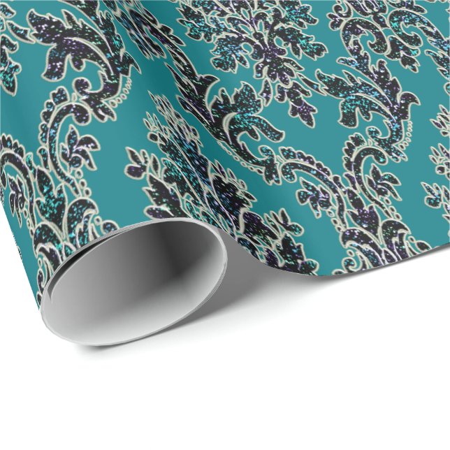 Teal Glitter Elegant Vintage Damask Wrapping Paper (Roll Corner)