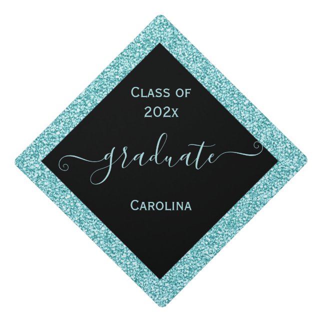 Teal Glitter Frame Graduation Cap Topper (Front)