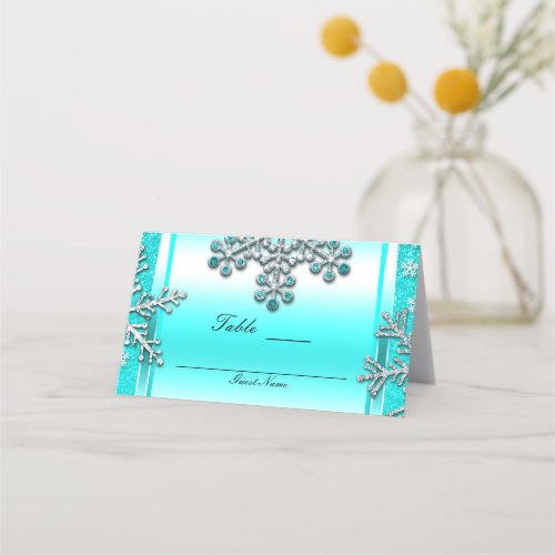 Teal Glitter Glam Winter Wonderland Table Number Place Card