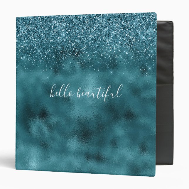 Teal Glitter Glitz sparkle glam personalized quote 3 Ring Binder (Front/Inside)