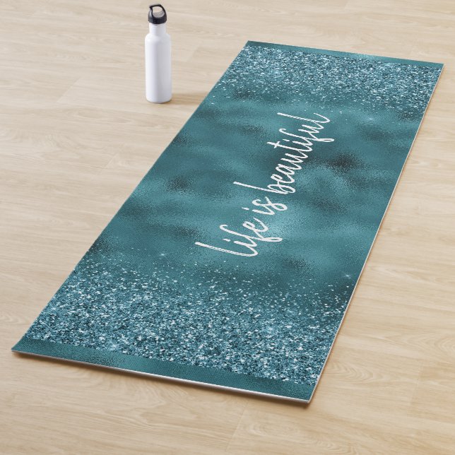 Teal Glitter Glitz sparkle glam personalized quote Yoga Mat (In Situ)
