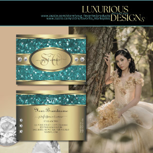 Teal Glitter Gold Luminous Stars Diamonds Initials Business Card