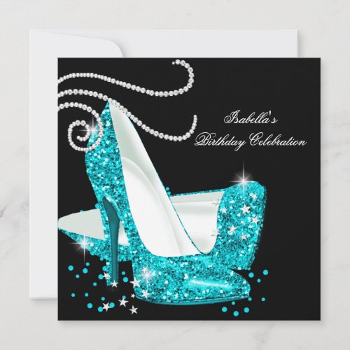 Teal Glitter High Heels Black Birthday Party 2 Invitation