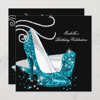 Teal Glitter High Heels Black Birthday Party Invitation