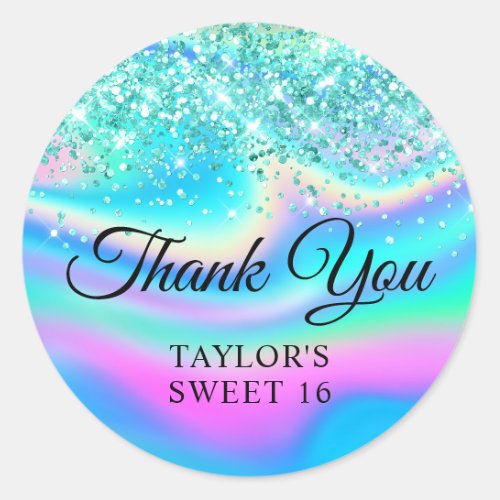 Teal Glitter Iridescent Rainbow Sweet 16 Thank You Classic Round Sticker