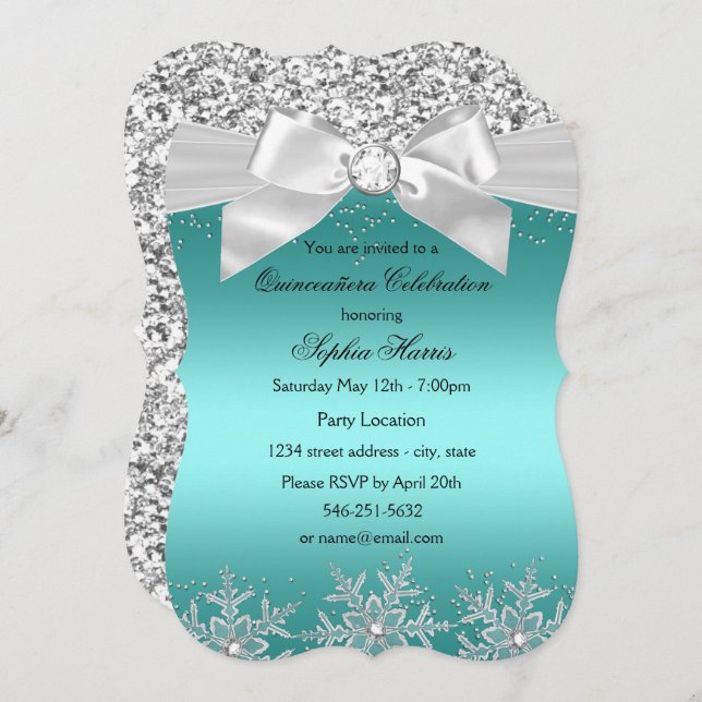Teal Glitter Jewel Bow Snowflake Quinceanera Invitation (Front/Back)