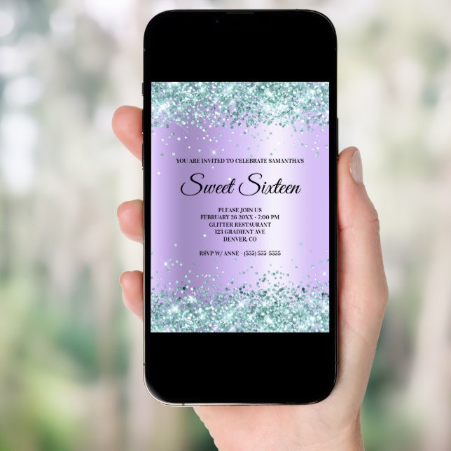 Teal Glitter Lavender Satin Foil Sweet Sixteen Invitation (Front Digital)
