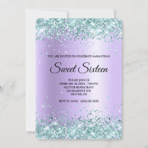 Teal Glitter Lavender Satin Foil Sweet Sixteen Invitation