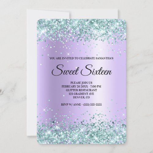 Teal Glitter Lavender Satin Foil Sweet Sixteen Invitation