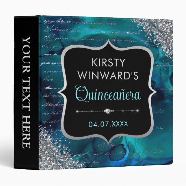 Teal Glitter Letters Quinceanera Photo Album 3 Ring Binder (Front/Spine)