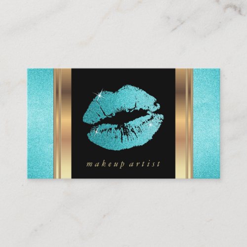 Teal Glitter Lips and Elegant Gold Business Card
