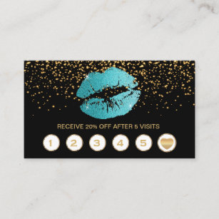 Teal Glitter Lips Loyalty Cards on Black