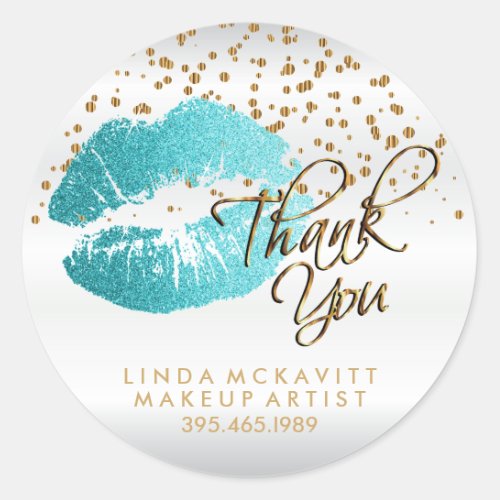 Teal Glitter Lipstick on White Satin _ Thank You Classic Round Sticker