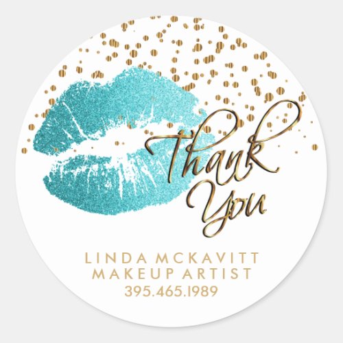 Teal Glitter Lipstick on White _ Thank You Classic Round Sticker