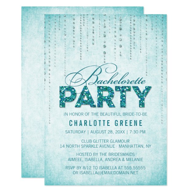 Teal Glitter Look Bachelorette Party Invitation