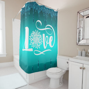 Teal Glitter LOVE Sunflower Shower Curtain