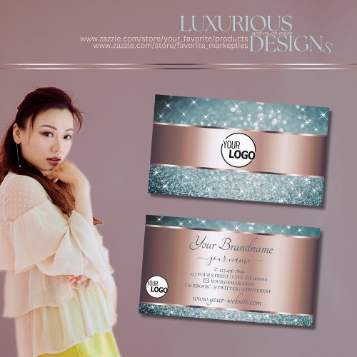 Teal Glitter Luminous Stars and Logo Rose Gold Business Card