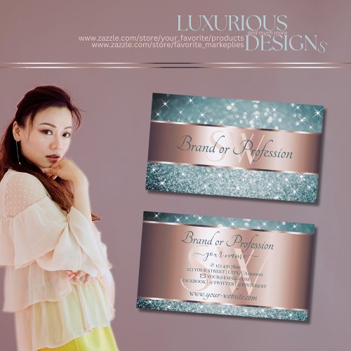 Teal Glitter Luminous Stars Monogram Rose Gold Business Card