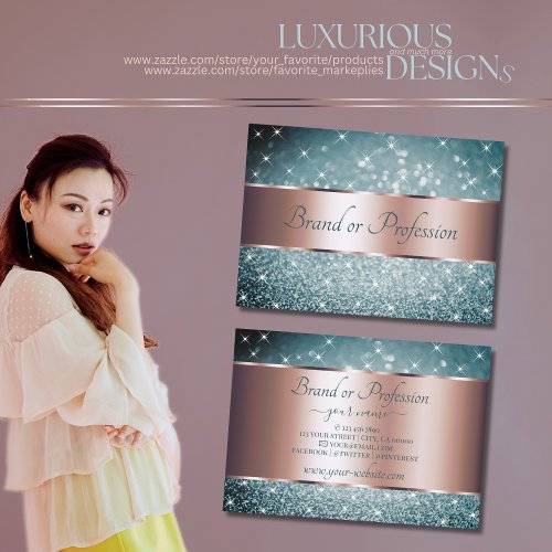 Teal Glitter Luminous Stars Rose Gold Decoration Business Card