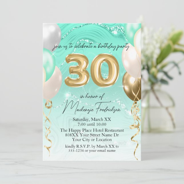 Teal Glitter Marble & Gold Balloons 30th Birthday Invitation (Standing Front)