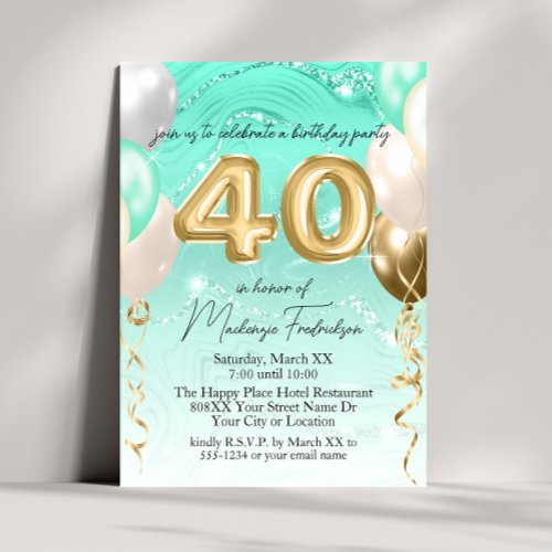 Teal Glitter Marble  Gold Balloons 40th Birthday Invitation
