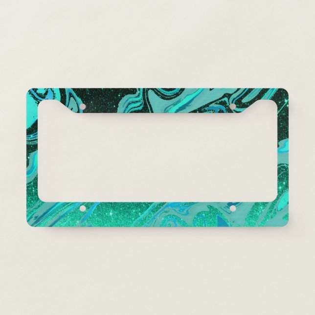 Teal glitter marble license plate frame (Front)