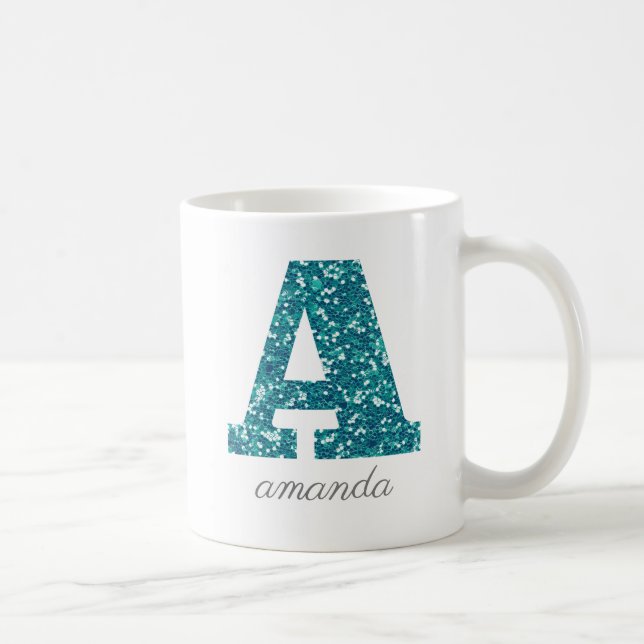 Teal Glitter Monogram A Personalized Mug (Right)