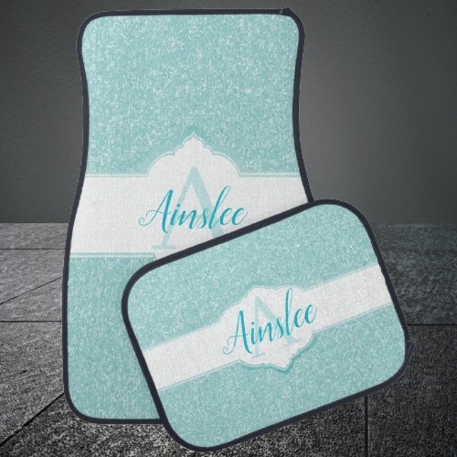Teal Glitter Monogram Car Floor Mats (Teal Glitter Monogram Personalized Car Mats)