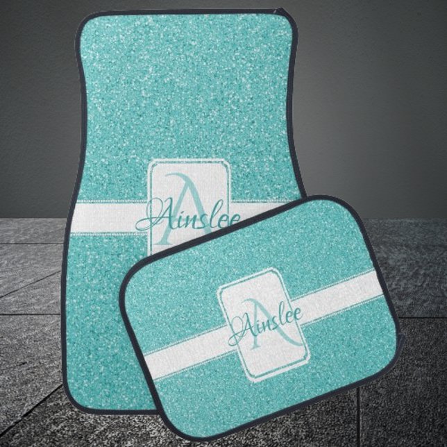 Teal Glitter Monogram Car Floor Mats (Teal Glitter Personalized Car Mats)