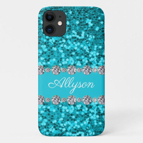 Teal Glitter Monogram iPhone 11 Case