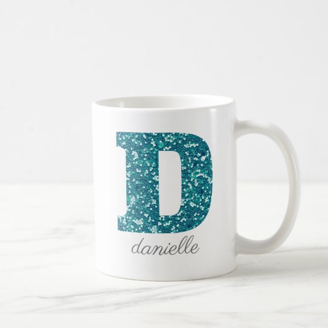 Teal Glitter Monogram D Personalized Coffee Mug (Right)