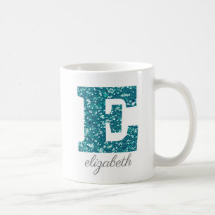 Teal Glitter Monogram E Personalized Coffee Mug