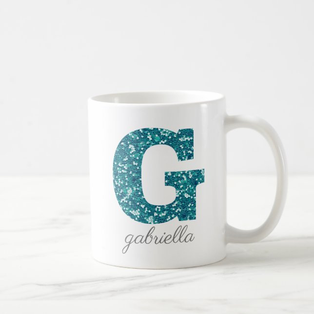 Teal Glitter Monogram G Personalized Mug (Right)