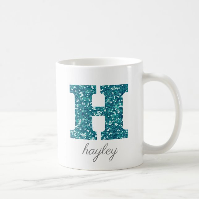 Teal Glitter Monogram H Personalized Mug (Right)