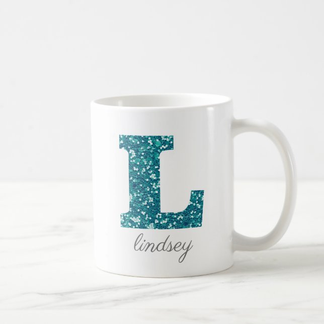 Teal Glitter Monogram L Personalized Mug (Right)