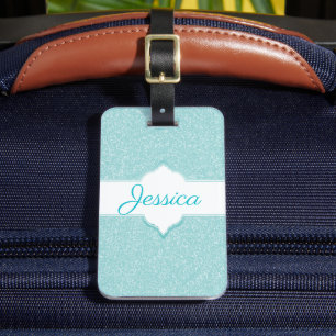 Teal Glitter Monogram Luggage Tag