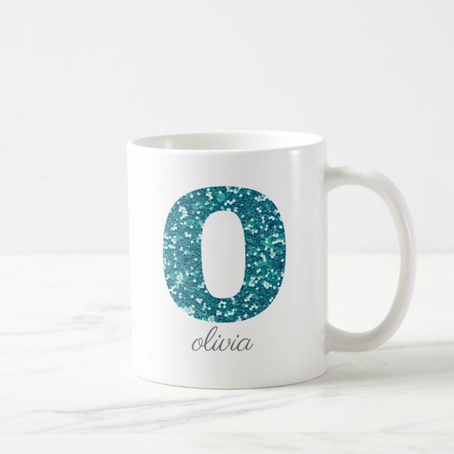 Teal Glitter Monogram O Personalized Mug (Right)