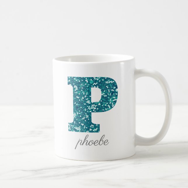 Teal Glitter Monogram P Personalized Mug (Right)