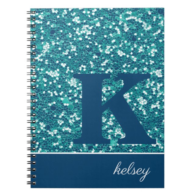 Teal Glitter Monogram Personalized Notebook (Front)