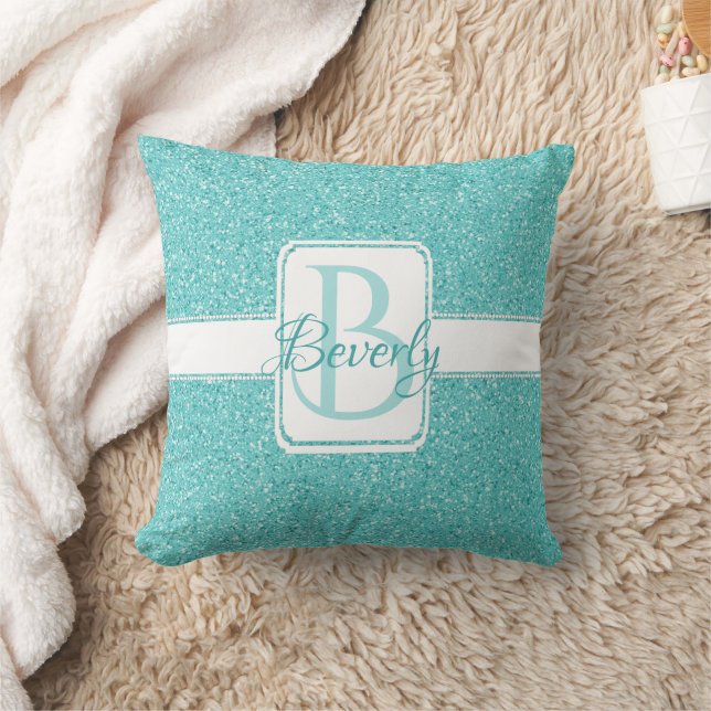 Teal Glitter Monogram Personalized Throw Pillow (Blanket)