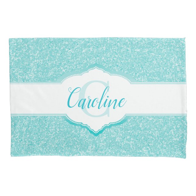 Teal Glitter Monogram Pillow Case (Front)