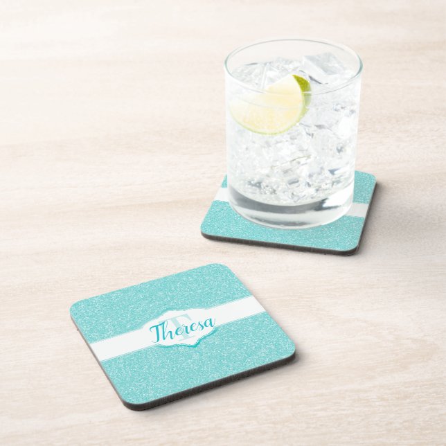 Teal Glitter Monogram Plastic Coaster (Right Side)