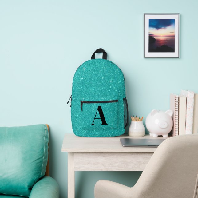 Teal glitter monogram printed backpack (Insitu)